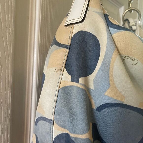 Coach Signature Nylon Blue Scarf Print Hobo Bag 11734 Leather strap and trim. - Picture 2 of 16